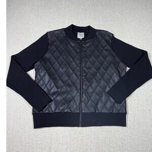 Sioni Women Large Black Faux Leather Long Sleeve Sweater Knit Jacket Cardigan